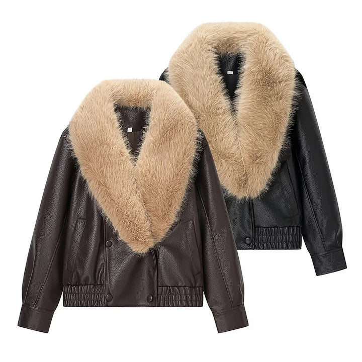 Damen kurz geschnittener Kunstleder-Blouson mit voluminösem Kunstfell-Schalkragen – Célinea