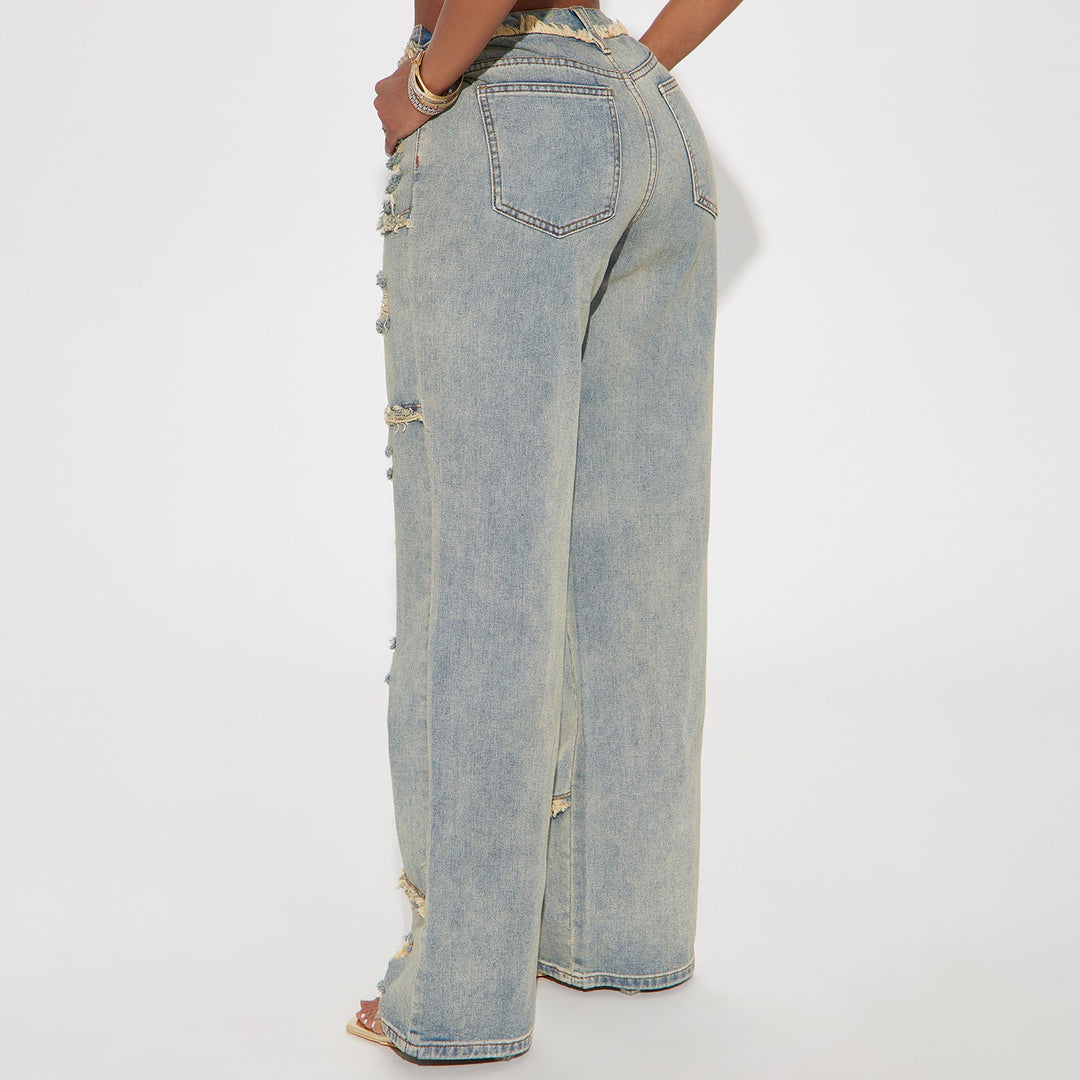 Damen Hochtaillierte Oversize-Jeans mit weitem Bein und ausgefransten Rissen Echo Archiv