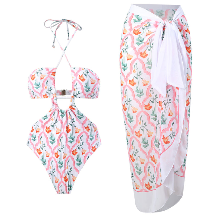 Damen Bandeau-Bikini mit floralen Akzenten und leichtem Wickelrock Echo Archiv