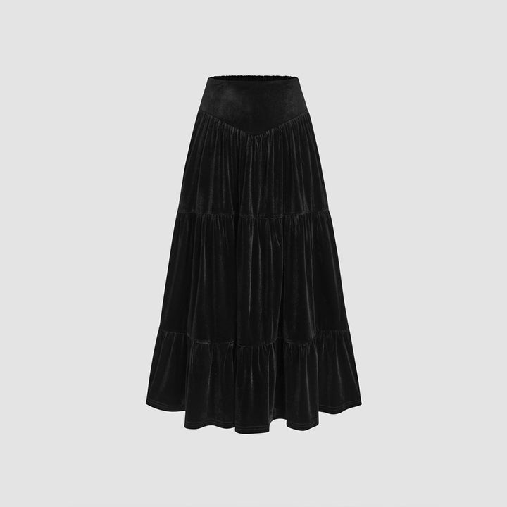 Damen Samtiges zweiteiliges Set mit gerafftem Bustier-Crop und stufigem Midirock – Élanora