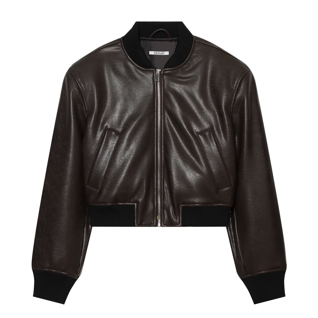 Herren Lederoptik-Bomberjacke im Cropped-Stil mit Rippbündchen Echoarchiv