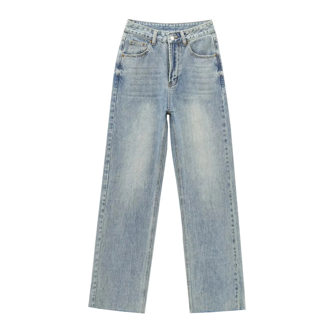 Damen hochgeschnittene weite Denimjeans mit geradem Bein und Fransensaum – Dénora