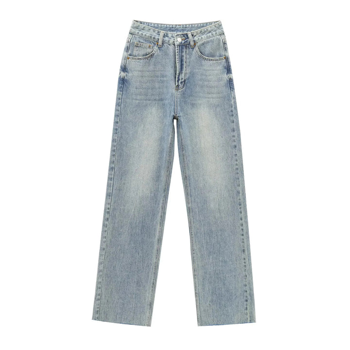 Damen hochgeschnittene weite Denimjeans mit geradem Bein und Fransensaum – Dénora