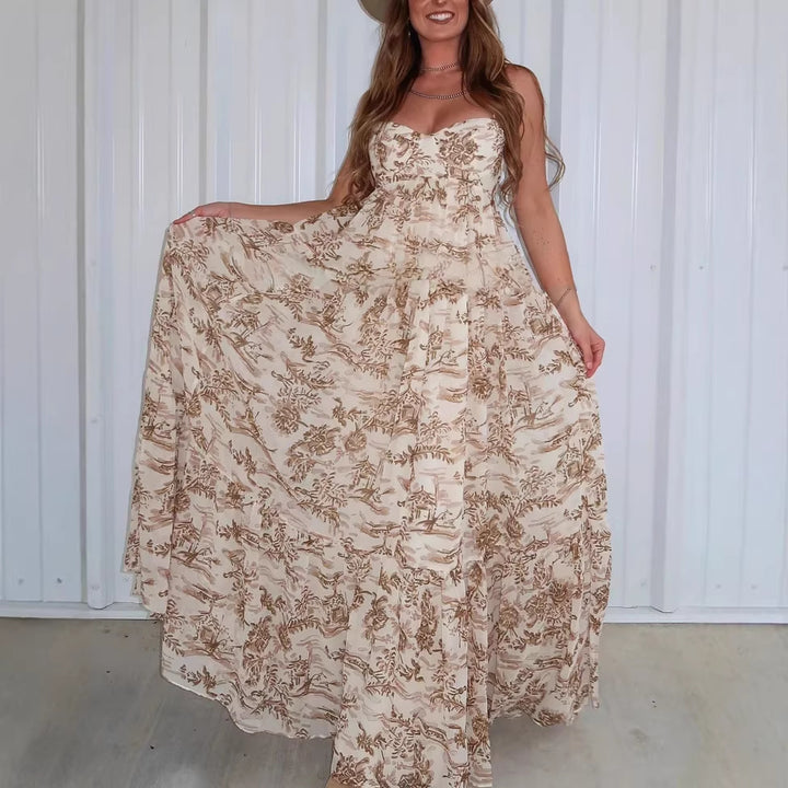Damen nan trägerloses Korsagen-Maxikleid mit Herzausschnitt, gestuftem Volantrock und nostalgischem Toilemotiv Echo Archiv