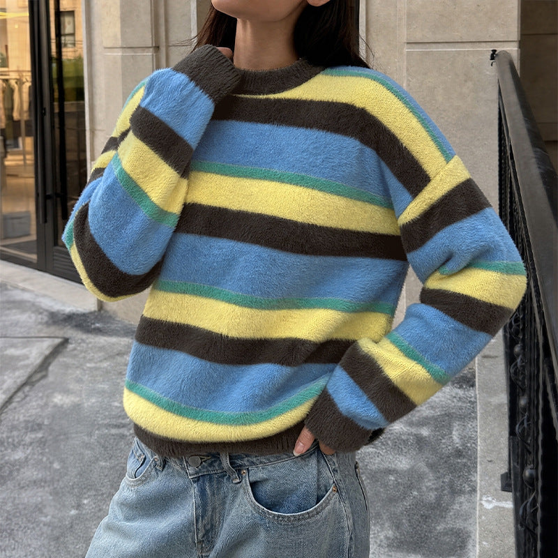 Damen Lässig gestrickter Pullover mit buntem Streifenmuster Echo Archiv