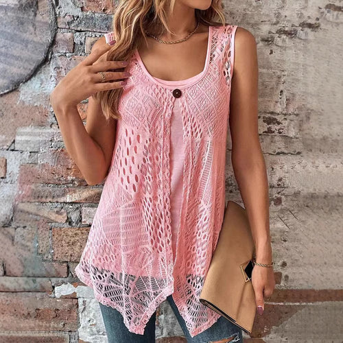 Damen nan zweilagiges Häkel-Overlay mit Jersey-Innentop, Ein-Knopf-Verschluss und asymmetrischem Zipfelsaum Echo Archiv