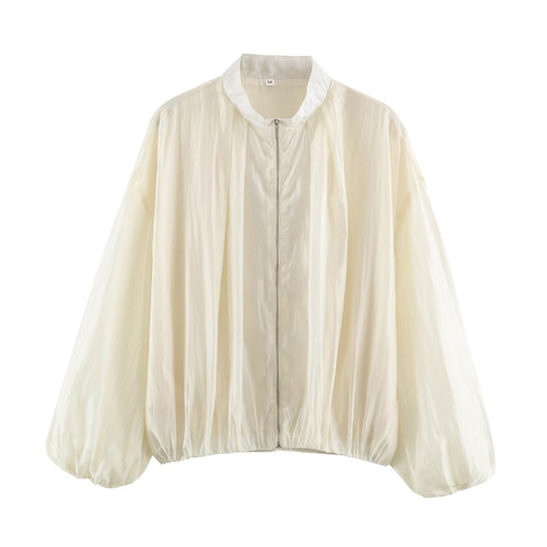 Damen Leichte semitransparente Blousonjacke mit Ballonärmeln und Metallreißverschluss Echo Archiv