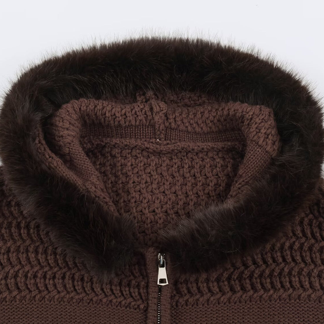 Damen Grobstrick-Cardigan mit Reißverschluss und Kunstfellkapuze Echoarchiv