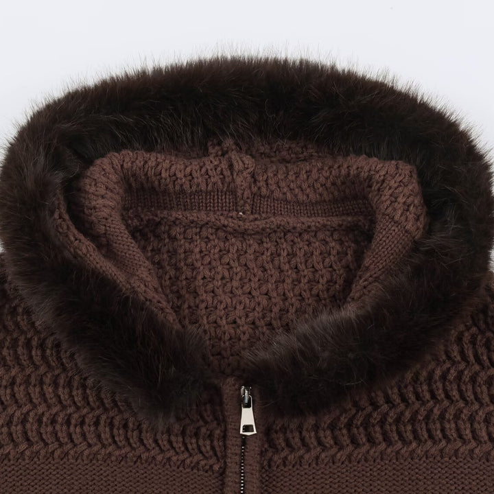 Damen Grobstrick-Cardigan mit Reißverschluss und Kunstfellkapuze Echoarchiv