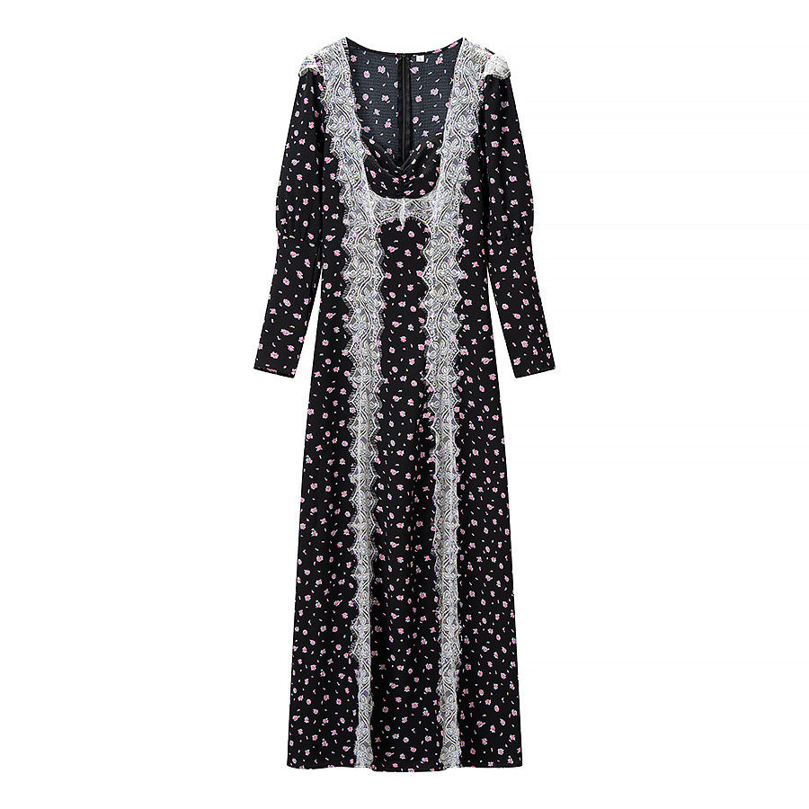 Damen Maxikleid mit Spitzeneinsatz, langen Ärmeln und floralem Allover-Print Echoarchiv