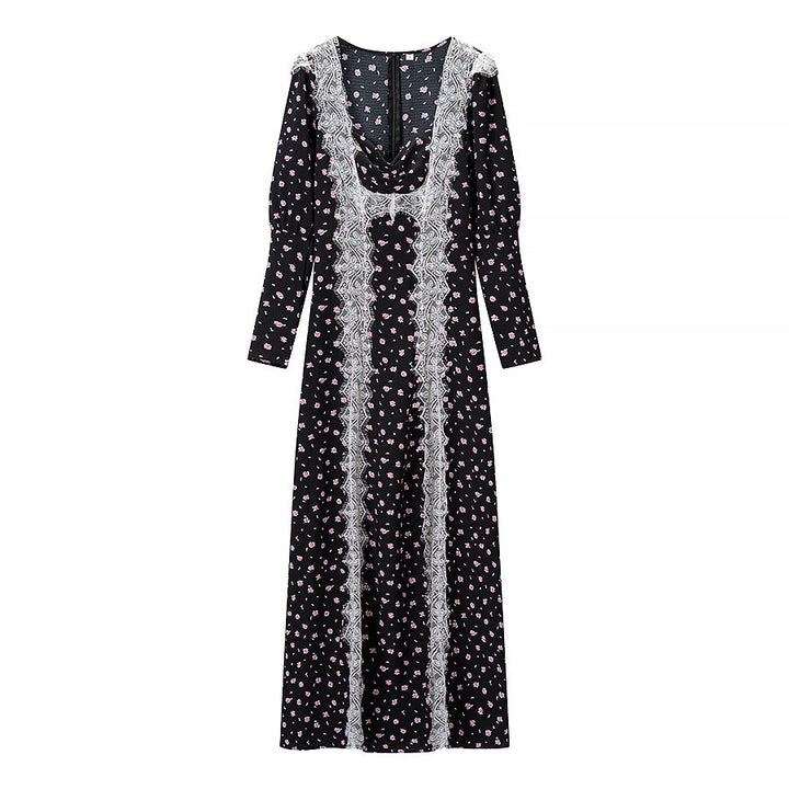 Damen Maxikleid mit Spitzeneinsatz, langen Ärmeln und floralem Allover-Print Echoarchiv