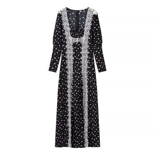 Damen Maxikleid mit Spitzeneinsatz, langen Ärmeln und floralem Allover-Print Echoarchiv