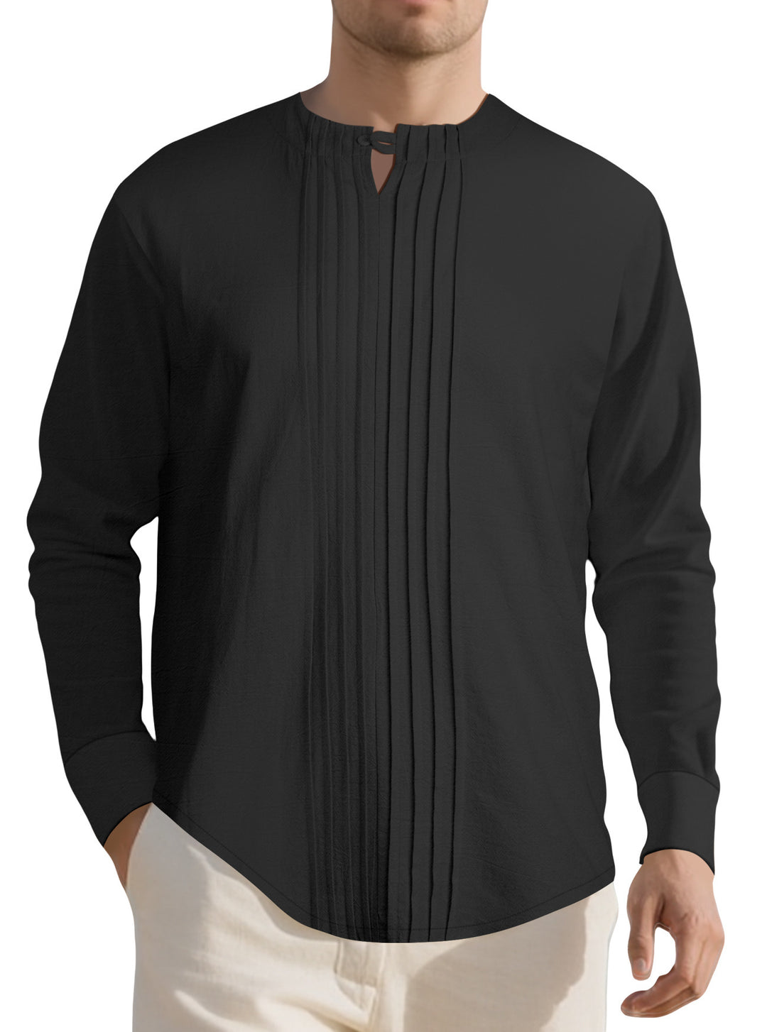 Herren Leichtes Langarmshirt im Leinenlook mit Stehkragen, Kellerfalten und Schlaufenverschluss Echoarchiv