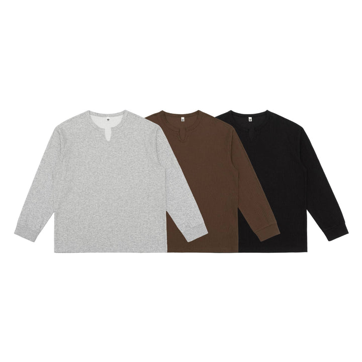 Unisex Leichtes Struktur-Langarmshirt mit Schlitzkragen und gerippten Bündchen Echoarchiv
