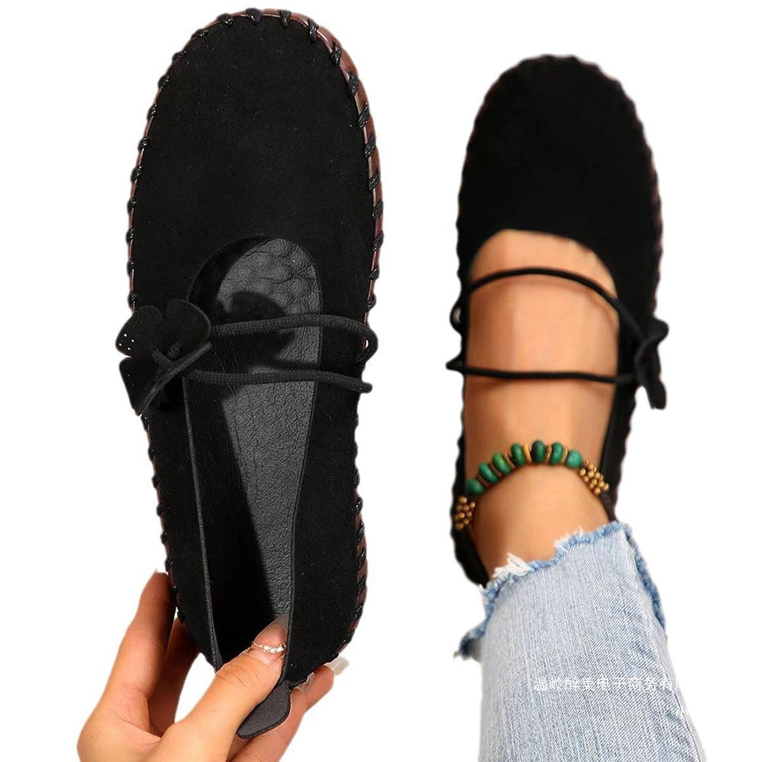 Damen nan handgenähte Ballerina-Mary-Jane mit Blütenapplikation und elastischem Doppelriemen Echo Archiv