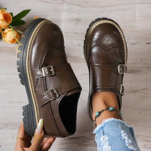 Damen Brogue-Monk-Slipper mit doppeltem Schnallenverschluss, gesteppter Kante und grober Profilsohle Echo Archiv