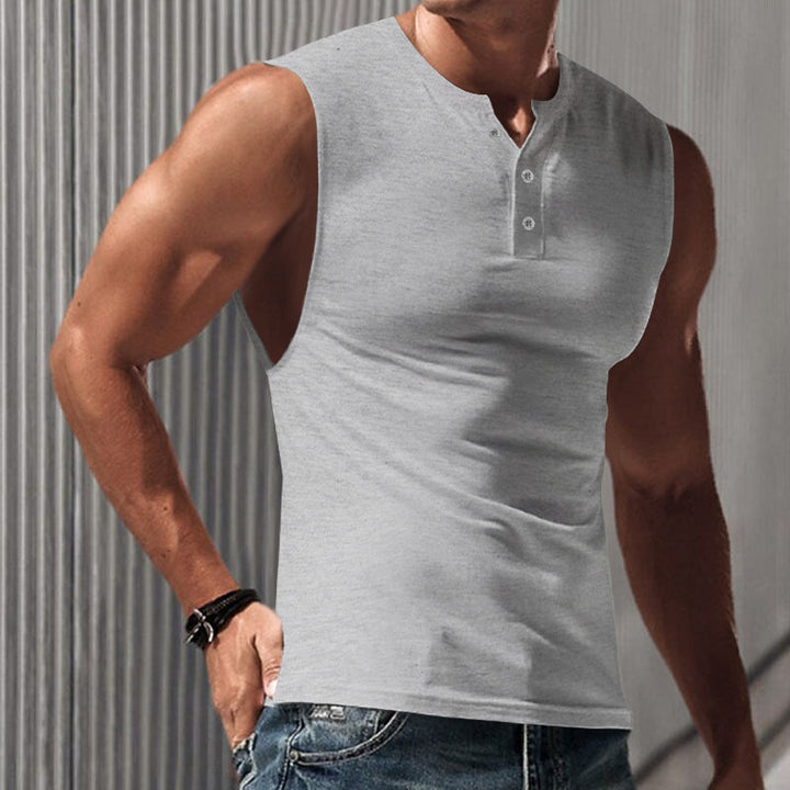 Herren ärmelloses Henley-T-Shirt aus weicher Baumwolle mit dekorativen Knöpfen Echoarchiv