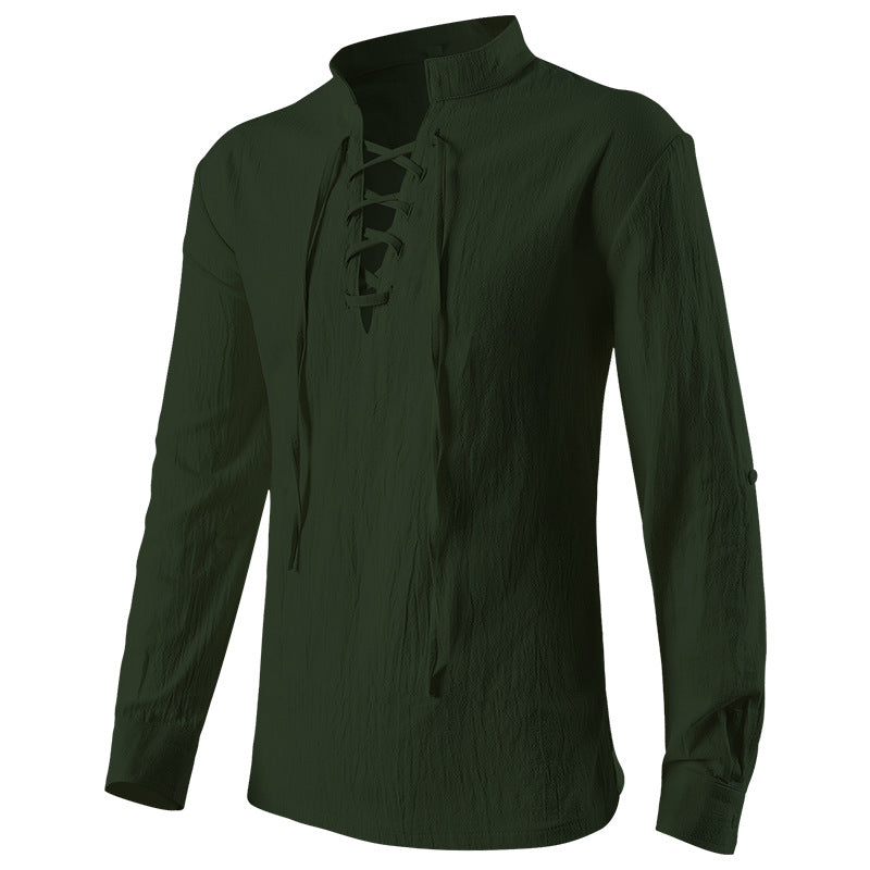 Herren lässiges Kurzarmshirt mit geschnürter V-Kehle, kurzem Stehkragen und weichem Baumwollmix – Marzano