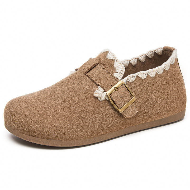 Damen nan kuschelige Mokassin-Slipper mit verstellbarem Schnallenriemen und gehäkelter Kantenverzierung Echo Archiv