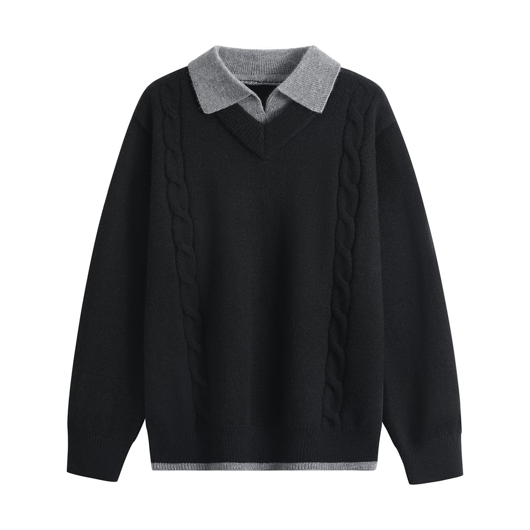 Damen Oversize-Pullover mit V-Ausschnitt, kontrastierendem Polokragen & Zopfstrick-Details Echoarchiv