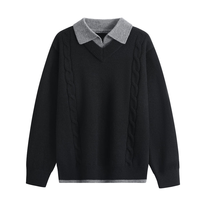 Damen Oversize-Pullover mit V-Ausschnitt, kontrastierendem Polokragen & Zopfstrick-Details Echoarchiv