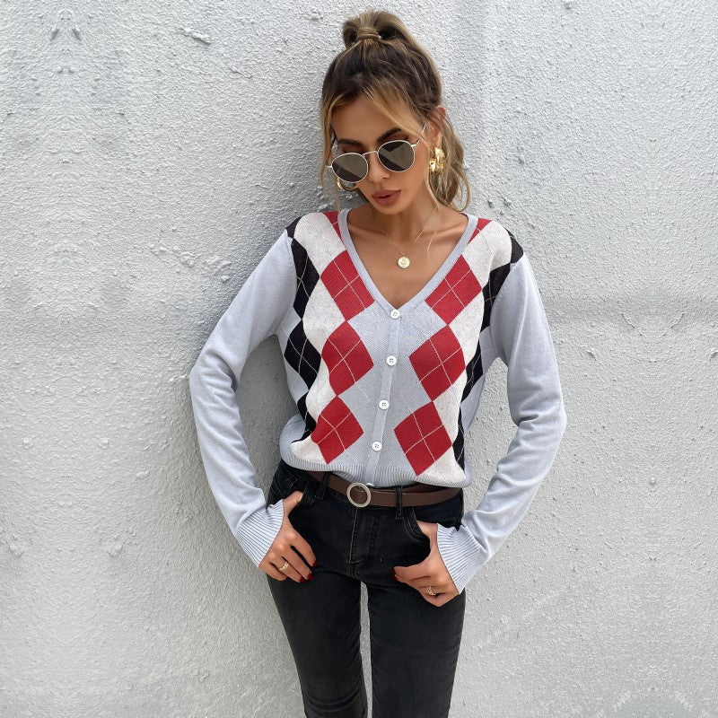 Damen Leichter Kurzcardigan mit Rautenmuster, V-Ausschnitt und Knopfleiste Echoarchiv