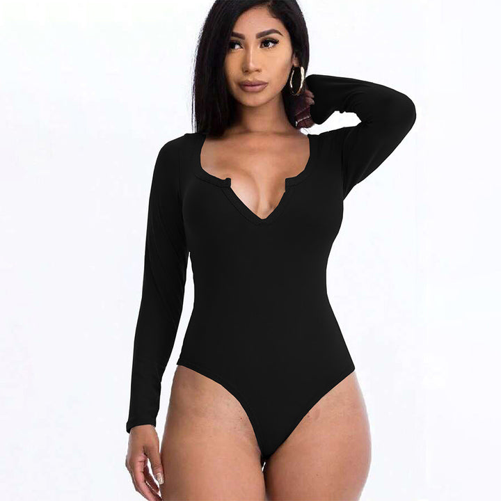 Damen figurbetontes V-Ausschnitt-Stringbody mit langen Ärmeln – Bodéline