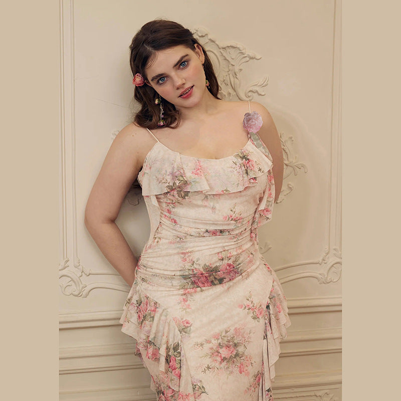 Damen Maxikleid mit floralem Rüschendesign und einem einseitigen Träger Echo Archiv