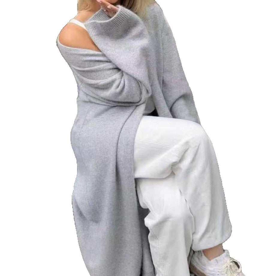 Damen Langer offener Strickmantel-Cardigan mit schulterfreiem Oversize-Schnitt und Kaschmir-Touch – Veloura