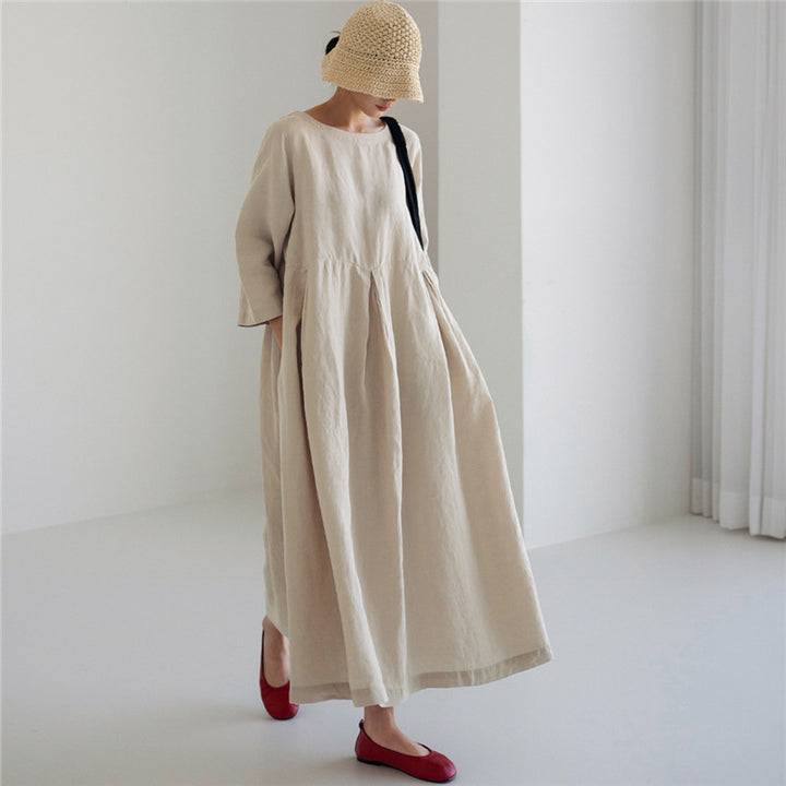 Damen Maxi-Kleid aus Leinen mit Teilnaht, sanften Faltenfall und Langarm – Valéora
