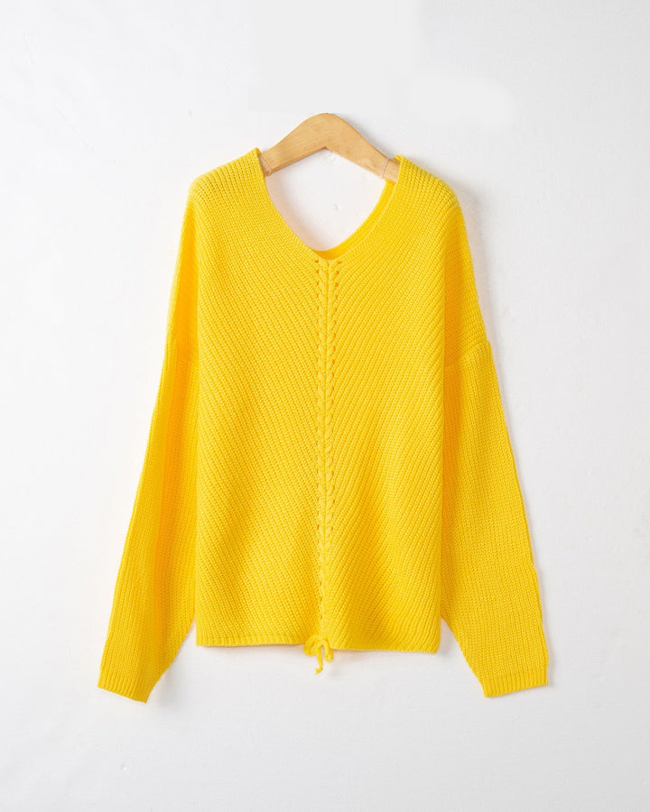 Damen Strickpullover mit Zopfmittelnaht, V‑Ausschnitt und Kordelzug Echo Archiv