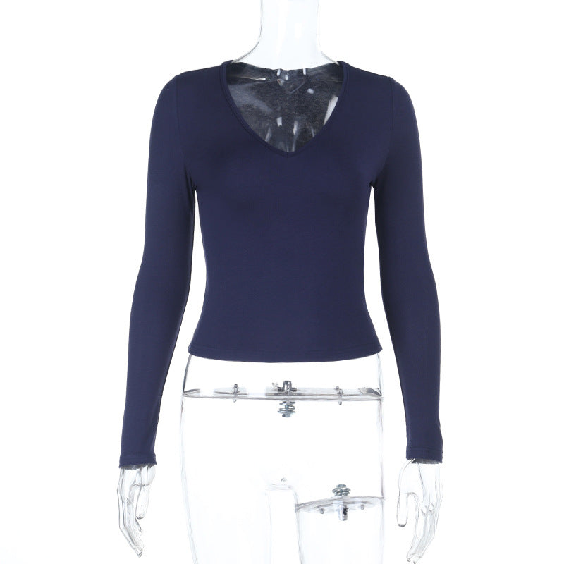 Damen Enganliegendes Langarm-Croppedshirt mit V-Ausschnitt Echo Archiv