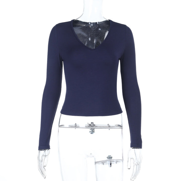Damen Enganliegendes Langarm-Croppedshirt mit V-Ausschnitt Echo Archiv
