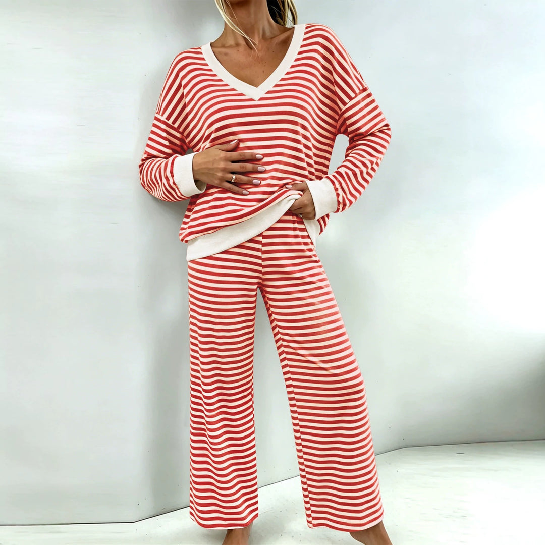 Damen Maritimes Zweiteiler mit V-Ausschnitt, Oversize-Pullover und Palazzo‑Hose Echoarchiv