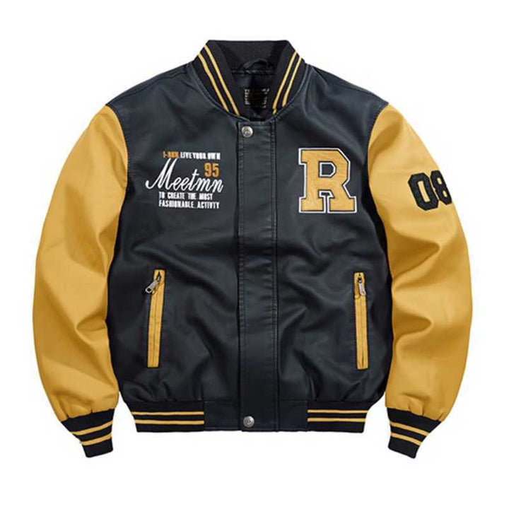 Herren College‑Varsity‑Bomberjacke mit kontrastreichen Ärmeln, Letterpatch und Rippbündchen – Brevano