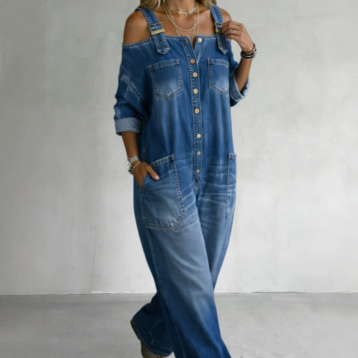 Damen Modischer Denim-Overall mit Off-Shoulder Design