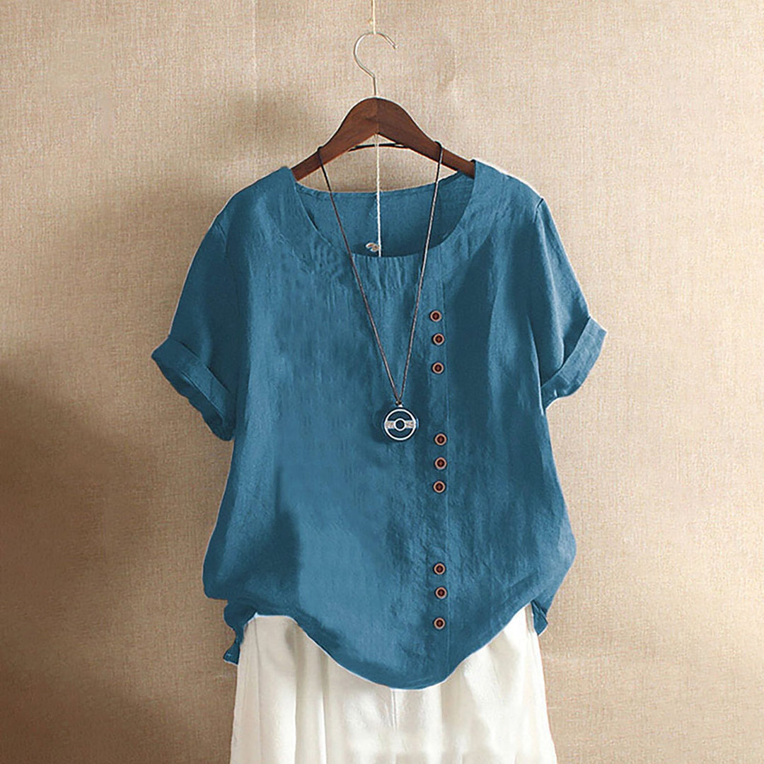 Damen Lässige Leinenbluse mit Umschlagbaren Ärmeln und Knopfdetails Echoarchiv