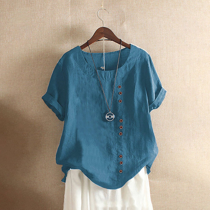 Damen Lässige Leinenbluse mit Umschlagbaren Ärmeln und Knopfdetails Echoarchiv