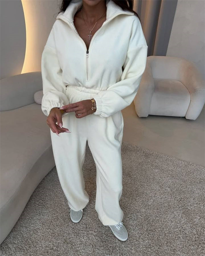 Damen eleganter Lounge-Overall mit elastischer Taillenpartie, Stehkragen, Reißverschluss und weitem Bein – Solévia