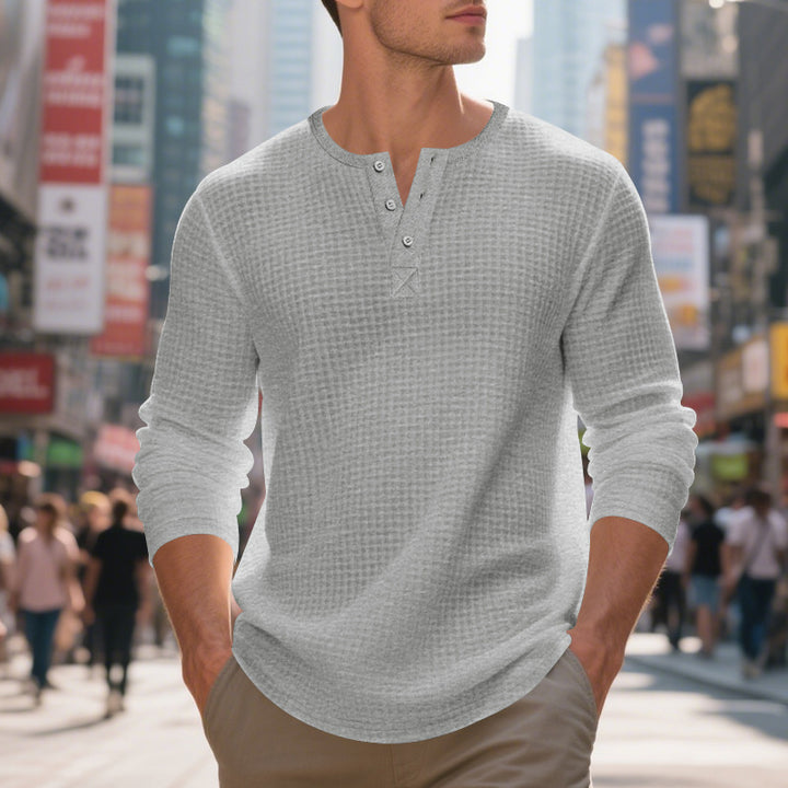 Herren nan thermoregulierendes Waffel-Thermalshirt mit Kurzknopfleiste und gerundetem Saum Echo Archiv