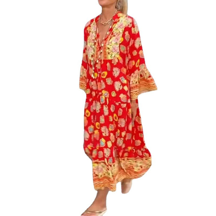 Damen nan luftiges Kaftan‑Midikleid mit folkloreinspiriertem Bordürenprint, V‑Ausschnitt, Quastenbändern und Volantglockenärmeln Echo Archiv