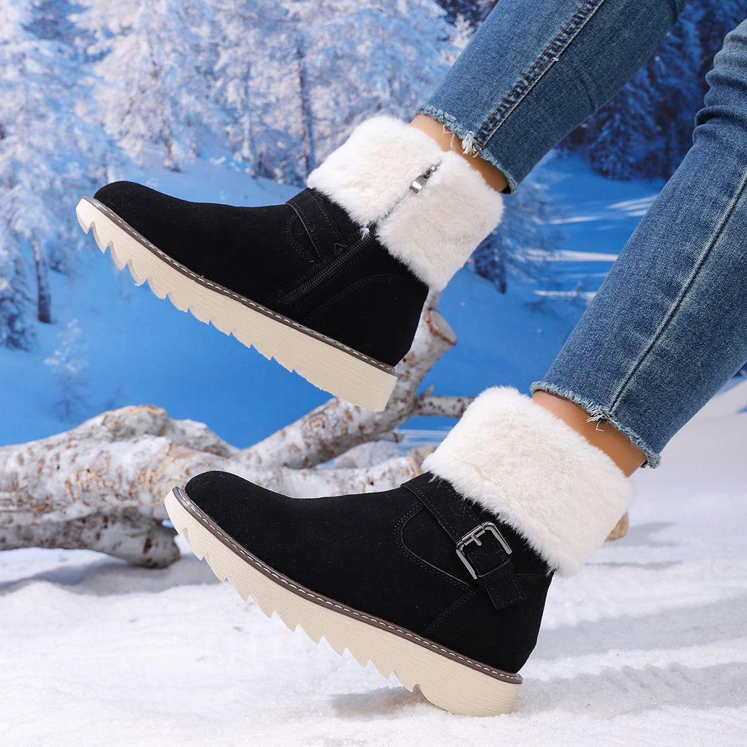 Damen Gefütterte Kurzstiefelette mit Kunstfellkragen, Velours‑Optik und Zierschnalle – Varelle