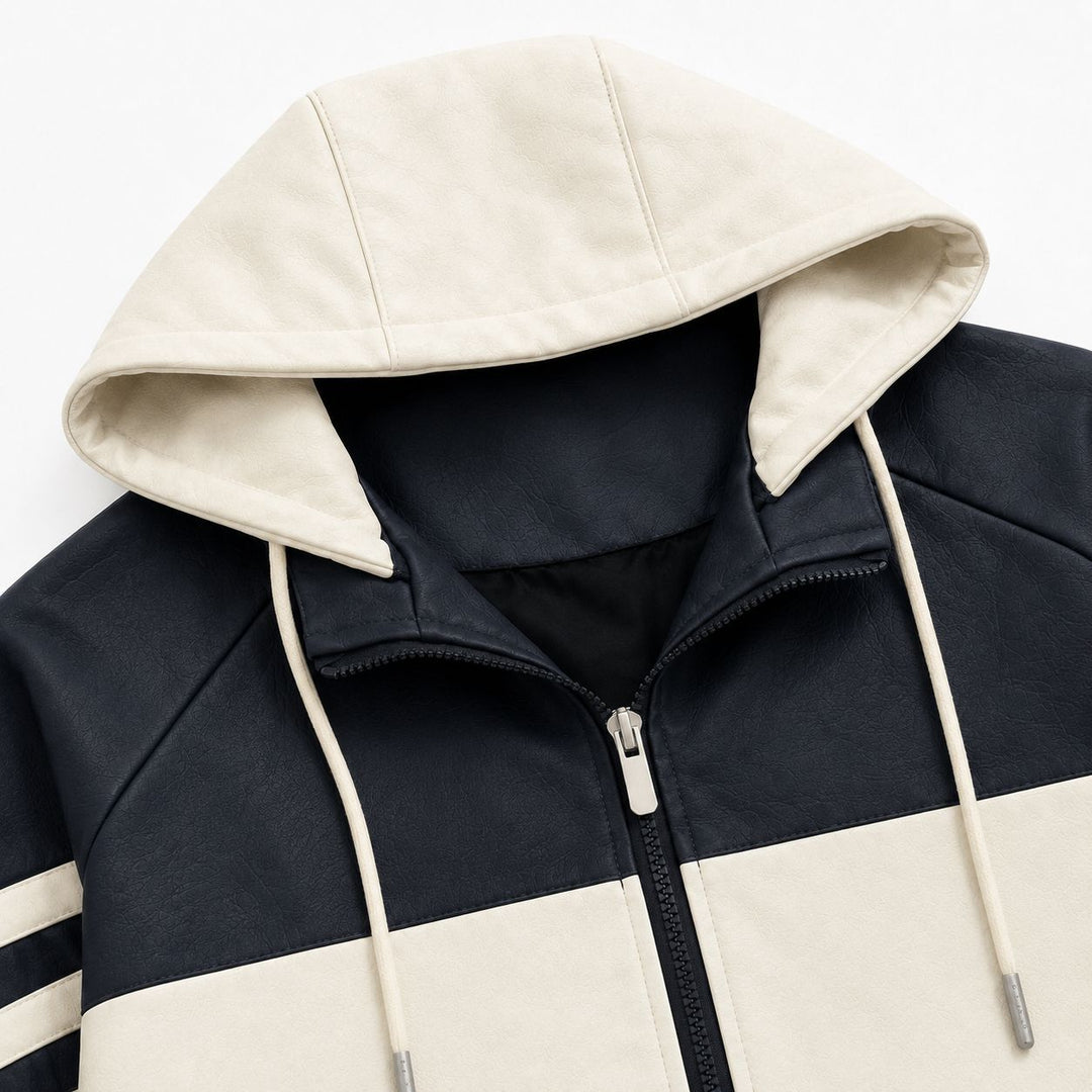 Herren Sportlicher Kapuzen‑Bomber mit Kunstlederoptik, Kontraststreifen und Reißverschluss Echo Archiv