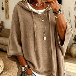 Damen nan Oversize Strickponcho mit Kapuze und kurzen Ärmeln Echo Archiv