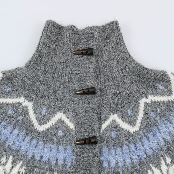 Damen Norweger-Strickjacke mit Stehkragen und Holzknopfverschlüssen Echoarchiv