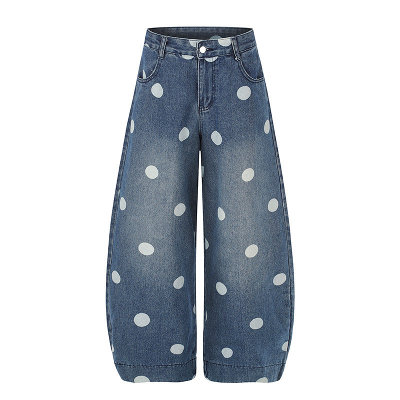 Damen Weite Jeans-Culotte im Palazzo-Stil mit hohem Bund und Punktmuster Echoarchiv