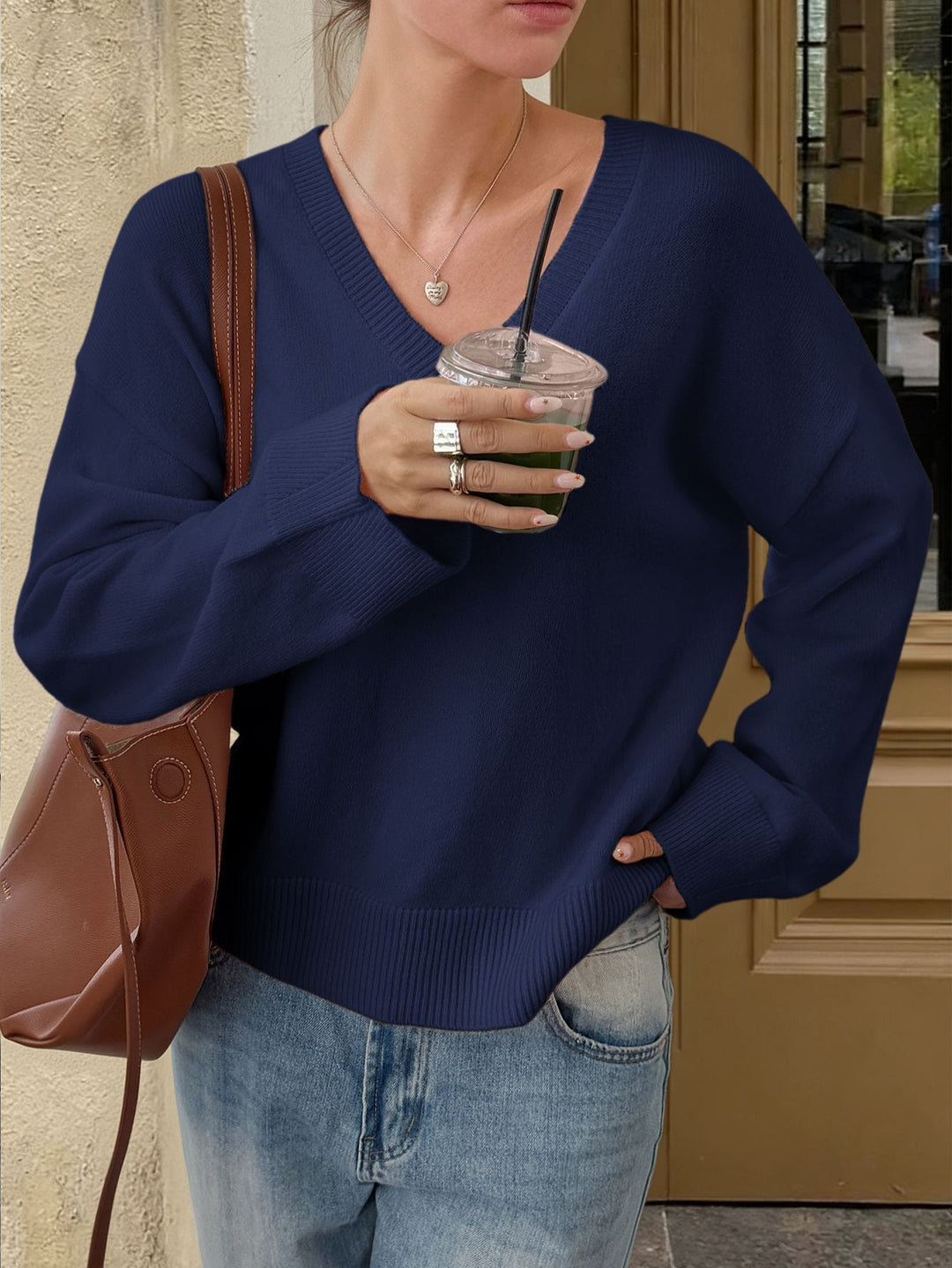 Damen nan oversized V-Ausschnitt Feinstrickpullover mit überschnittener Schulter, langen Kimonärmeln und breitem Rippbund Echo Archiv