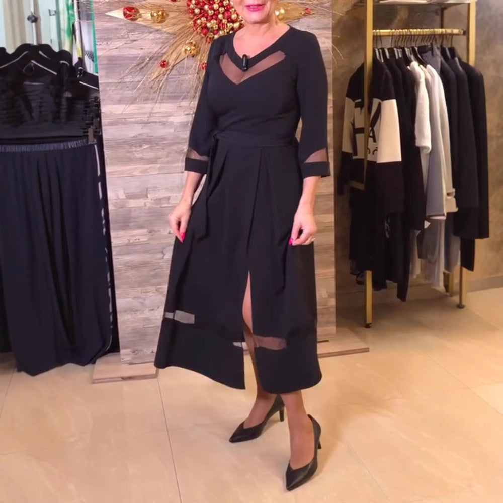 Damen nan tailliertes Midikleid mit transparenten Mesh‑Einsätzen, Bindegürtel und feminine A‑Linien Echo Archiv