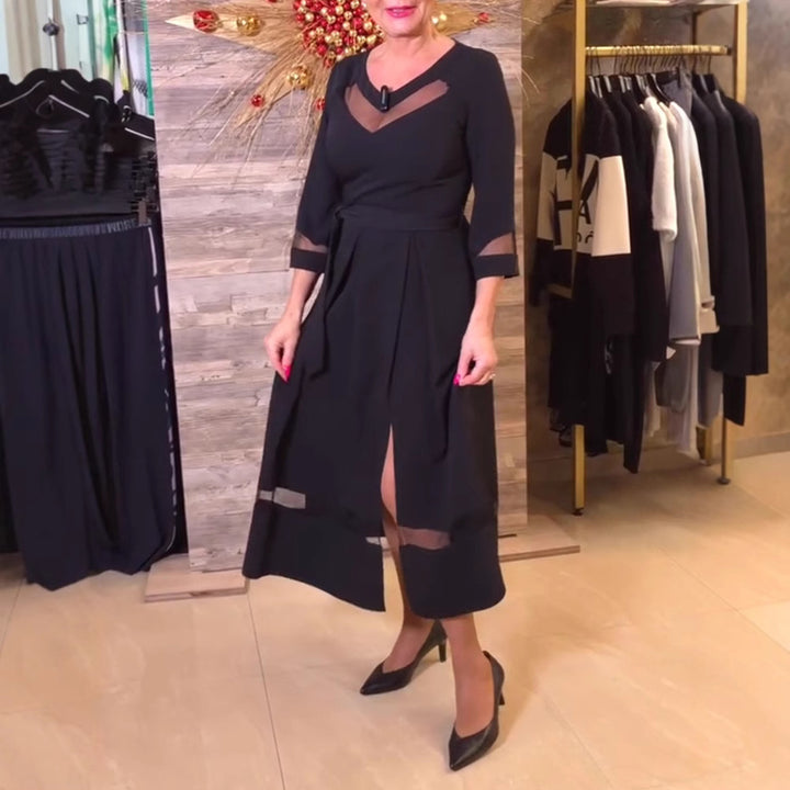 Damen nan tailliertes Midikleid mit transparenten Mesh‑Einsätzen, Bindegürtel und feminine A‑Linien Echo Archiv