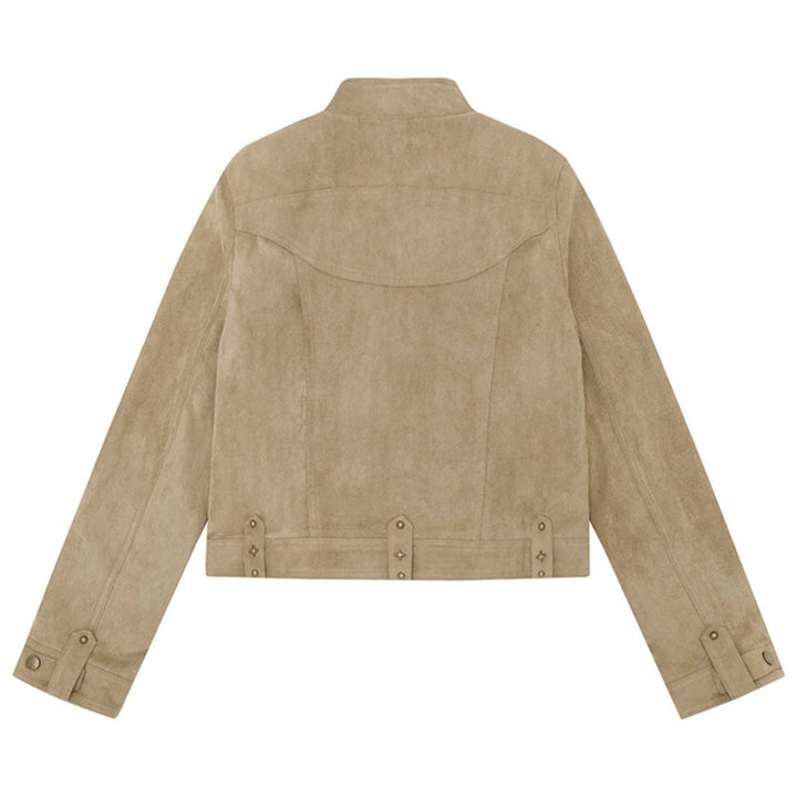 Damen Kurz geschnittene Velourslederjacke mit Stehkragen, Zier‑Nieten und Pattentaschen Echoarchiv